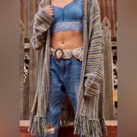 POL Boho Multicolored Fringe Hem Cardigan – Long Sleeve Winter Streetwear Coat - Picture 2 of 5